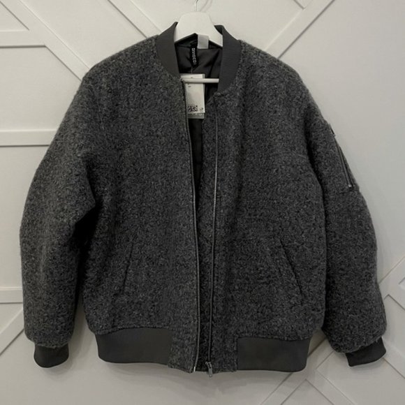 H&M boucle wool grey bomber coat jacket S - Picture 3 of 8
